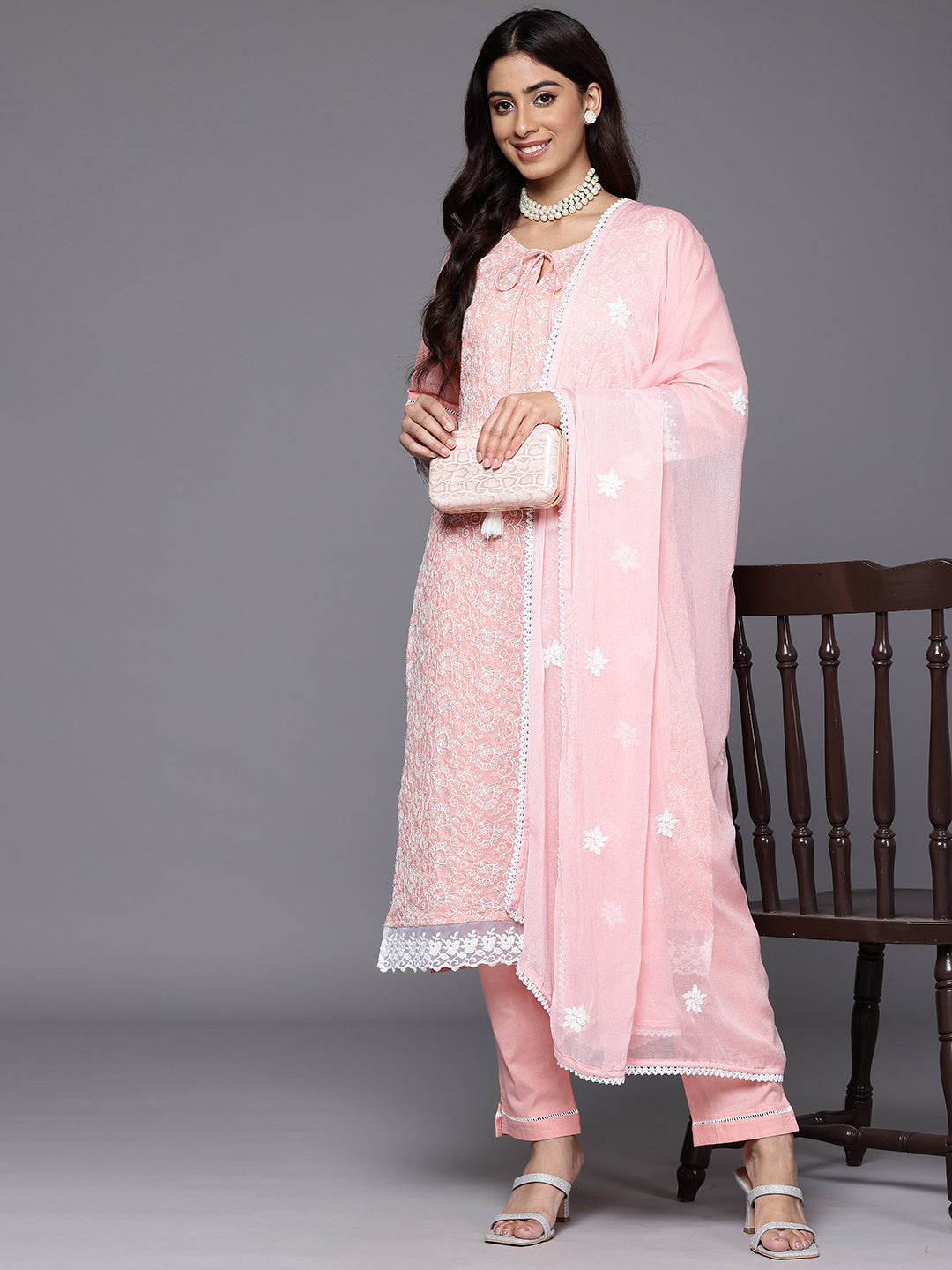 Varanga Women Peach Round Neck Chikankari Straight Kurta With Bottom And Dupatta - Distacart