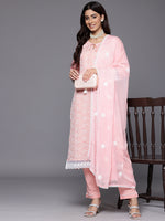 Thumbnail for Varanga Women Peach Round Neck Chikankari Straight Kurta With Bottom And Dupatta - Distacart