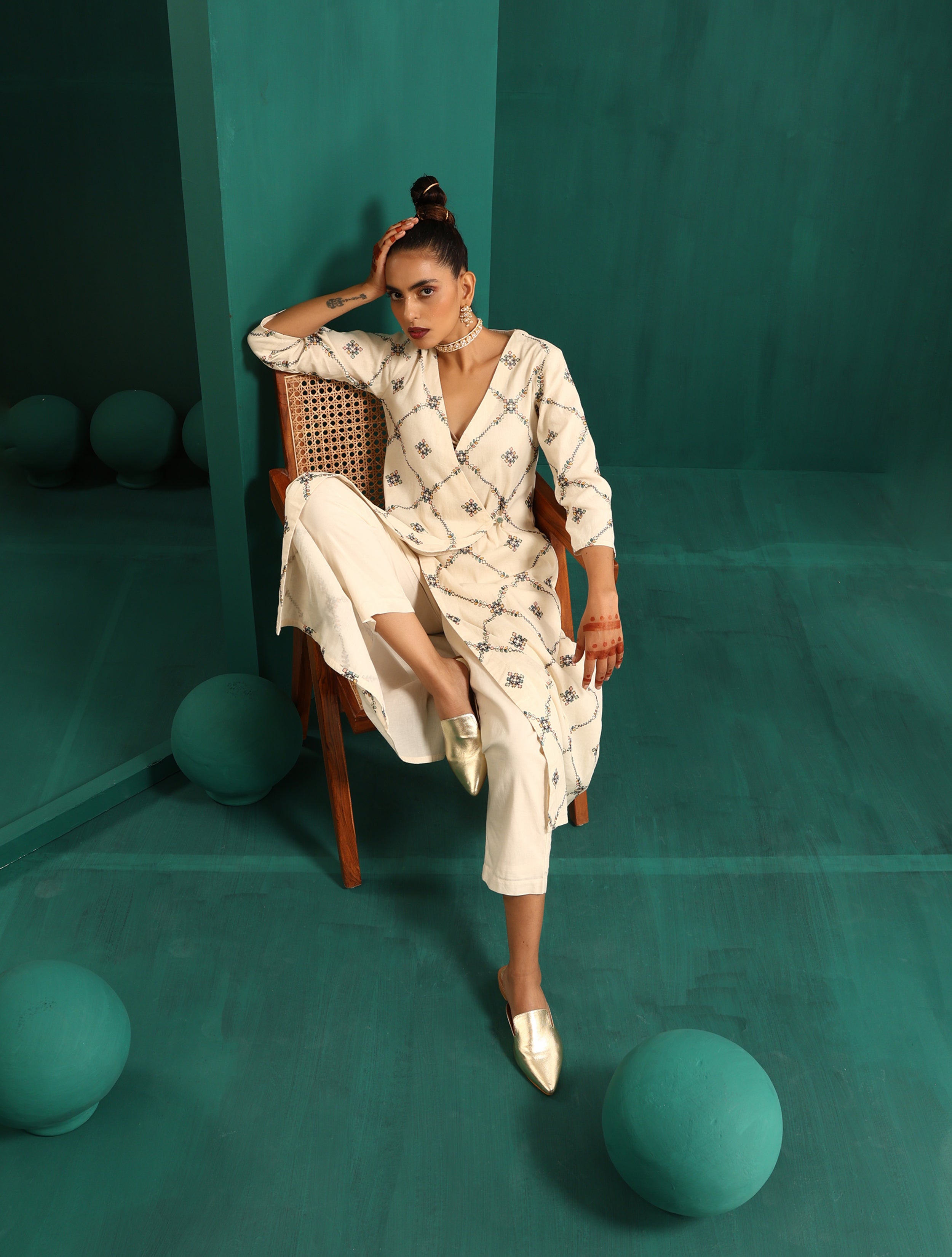 trueBrowns Ivory Rhombus Cotton Angrakha Kurta Pant Set - Distacart