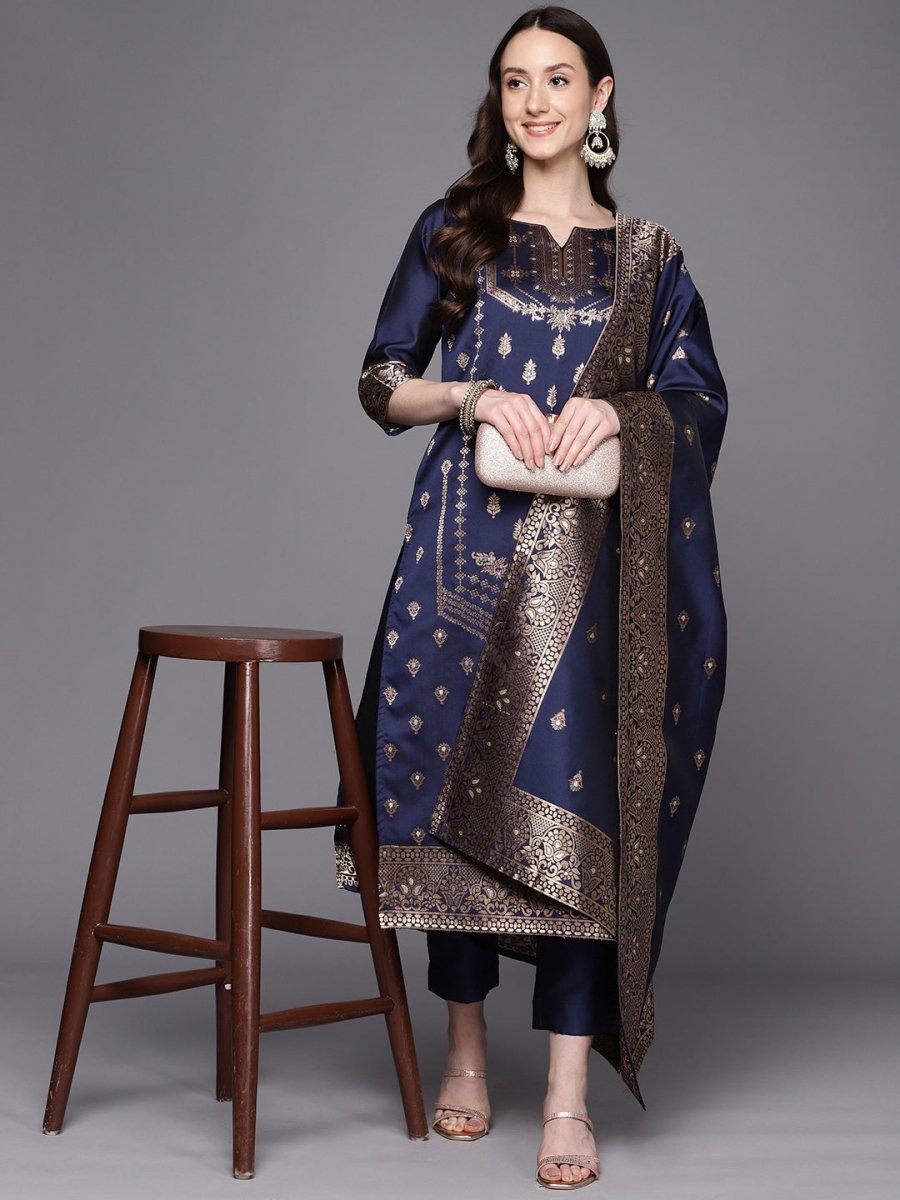 Ahalyaa Unstitched Navy Blue Dress Material - Distacart