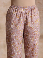 Thumbnail for trueBrowns Grey Overall Floral Block Print Cotton Flared Slit Kurta Pant Set - Distacart