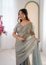 Thumbnail for Evanik Designer Heavy Fendy Satin With Beads Embroidered Work Saree With Unstitched Blouse