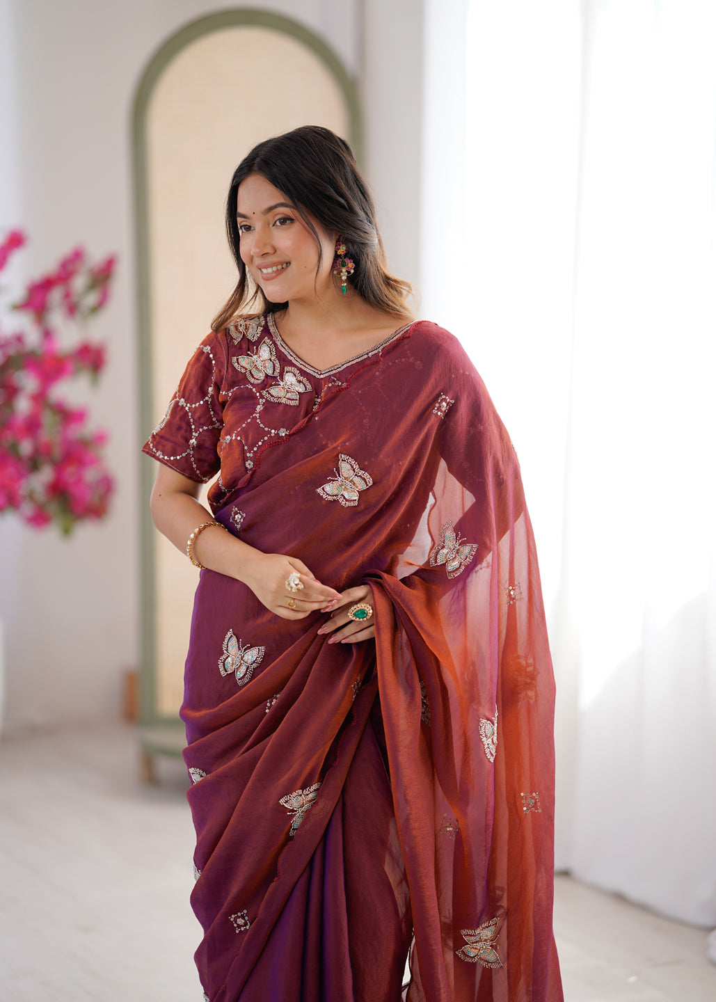 Evanik Rust Mos Silk With Handwork Butterfly Design Saree With Unstitched Blouse