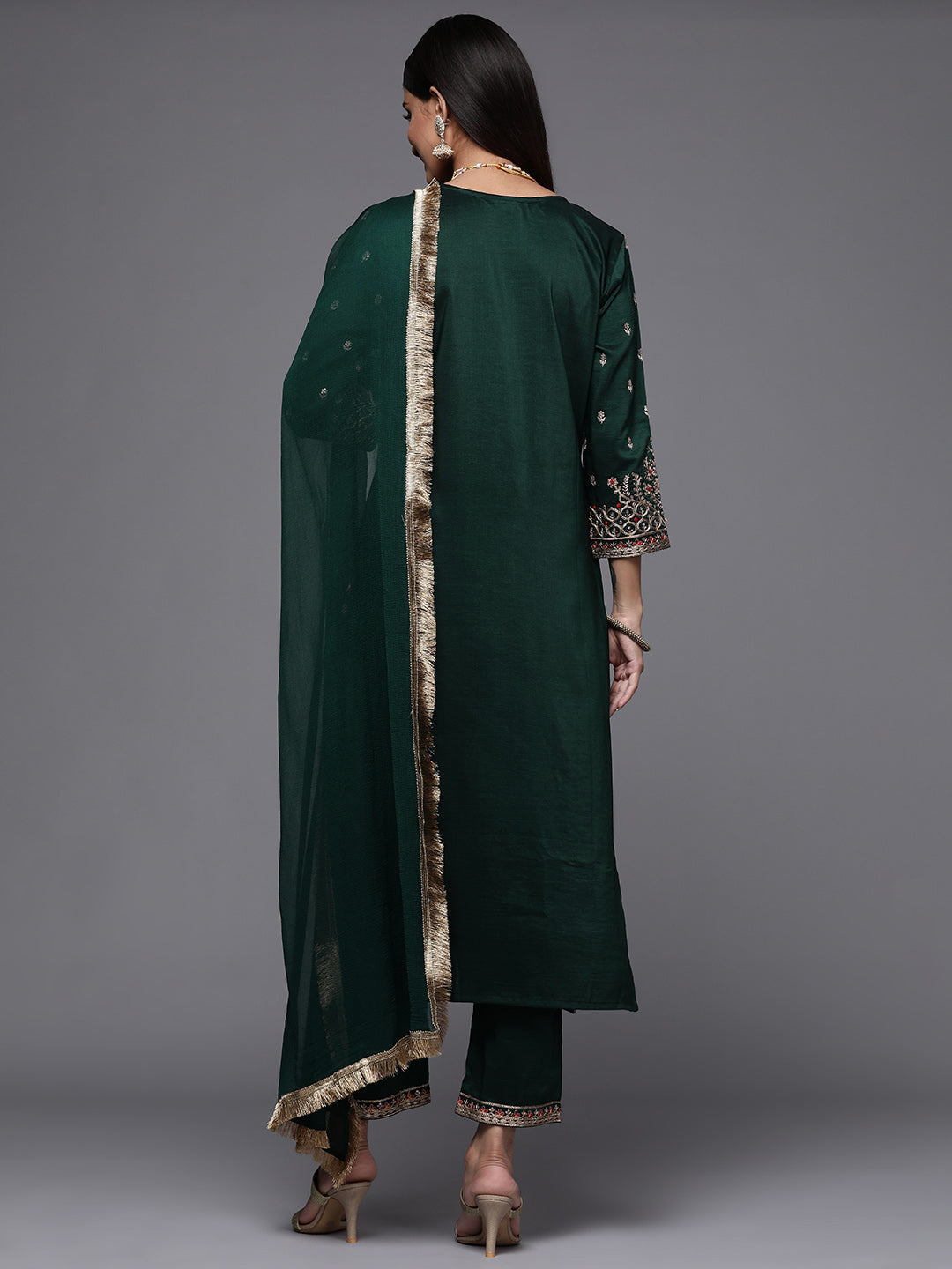 Varanga Green Embroidered Kurta Paired With Tonal Bottom And Dupatta - Distacart