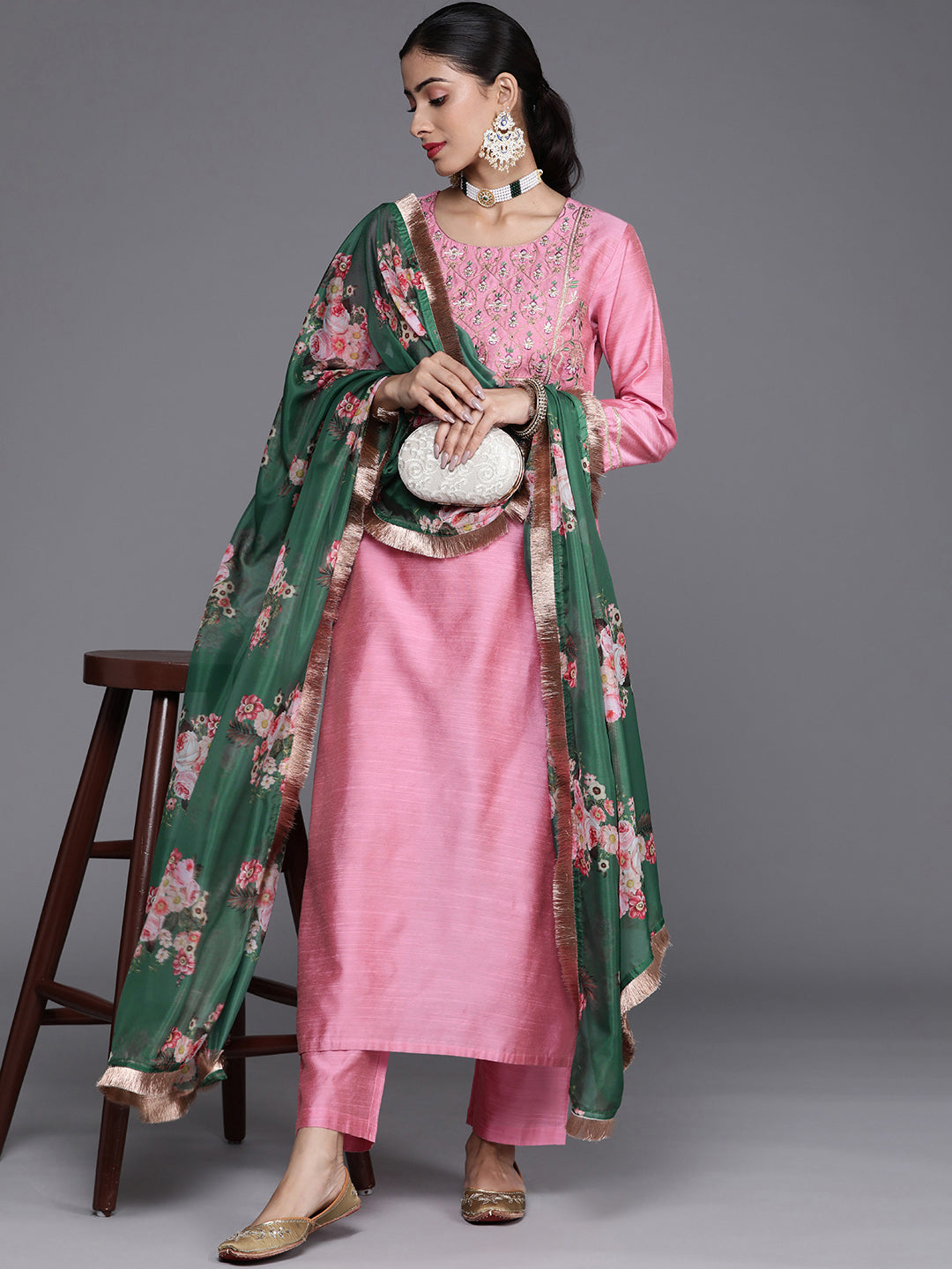 Varanga Solid Kurta With Yoke Zari Sequins Embroidery Paired With Solid Pant And A Beautiful Organza Floral Dupatta With Zari Tassel - Distacart