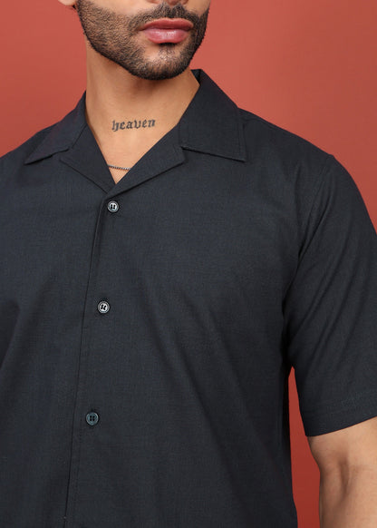 Fabmade Midnight Black Cuban Collar Shirt - Distacart