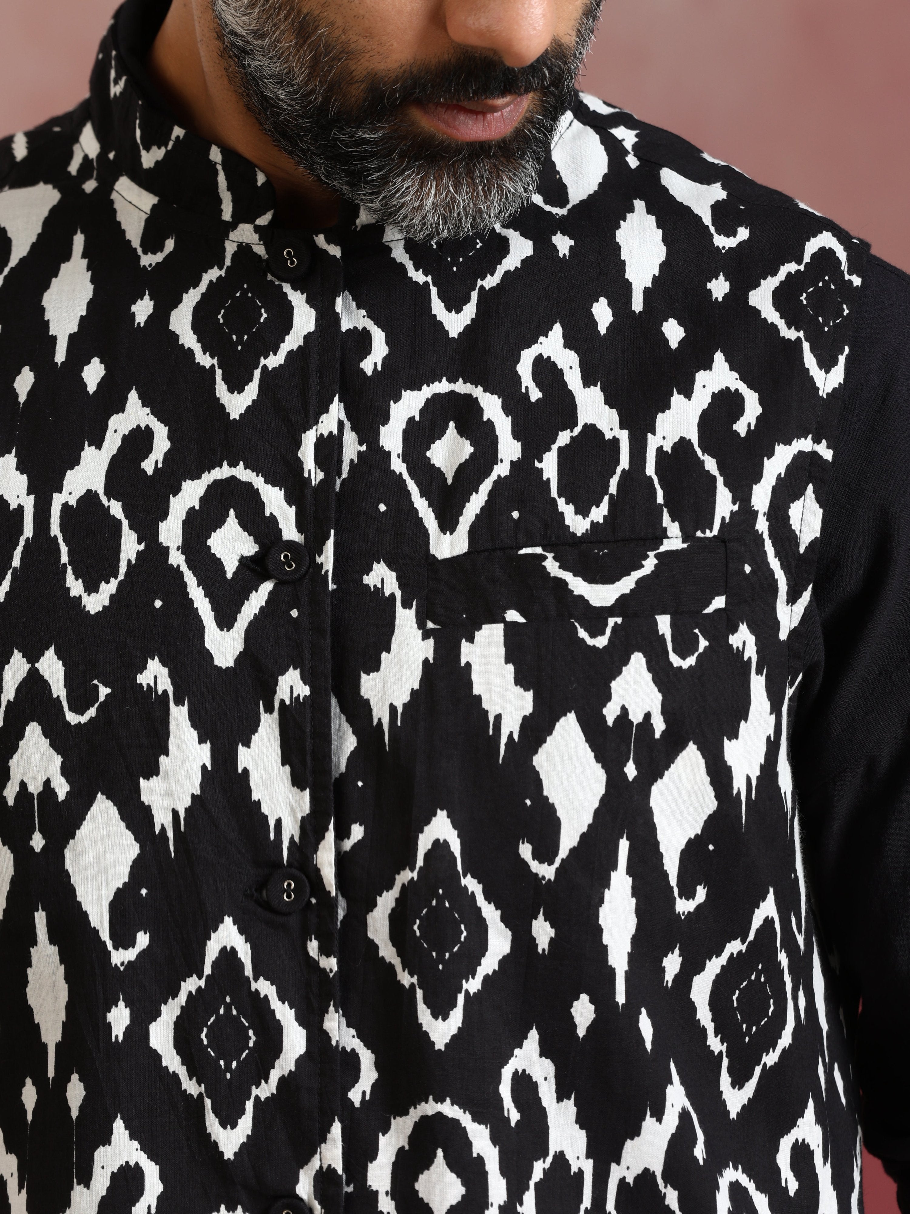 trueBrowns Men's Black Ikat Print Cotton Reversible Nehru Jacket