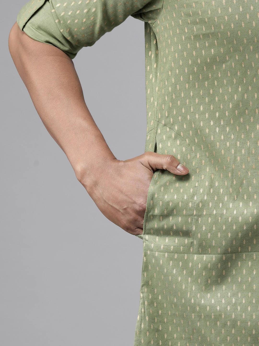 Fabmade Pure Cotton Olive Green Printed Pathani Kurta Pyjama