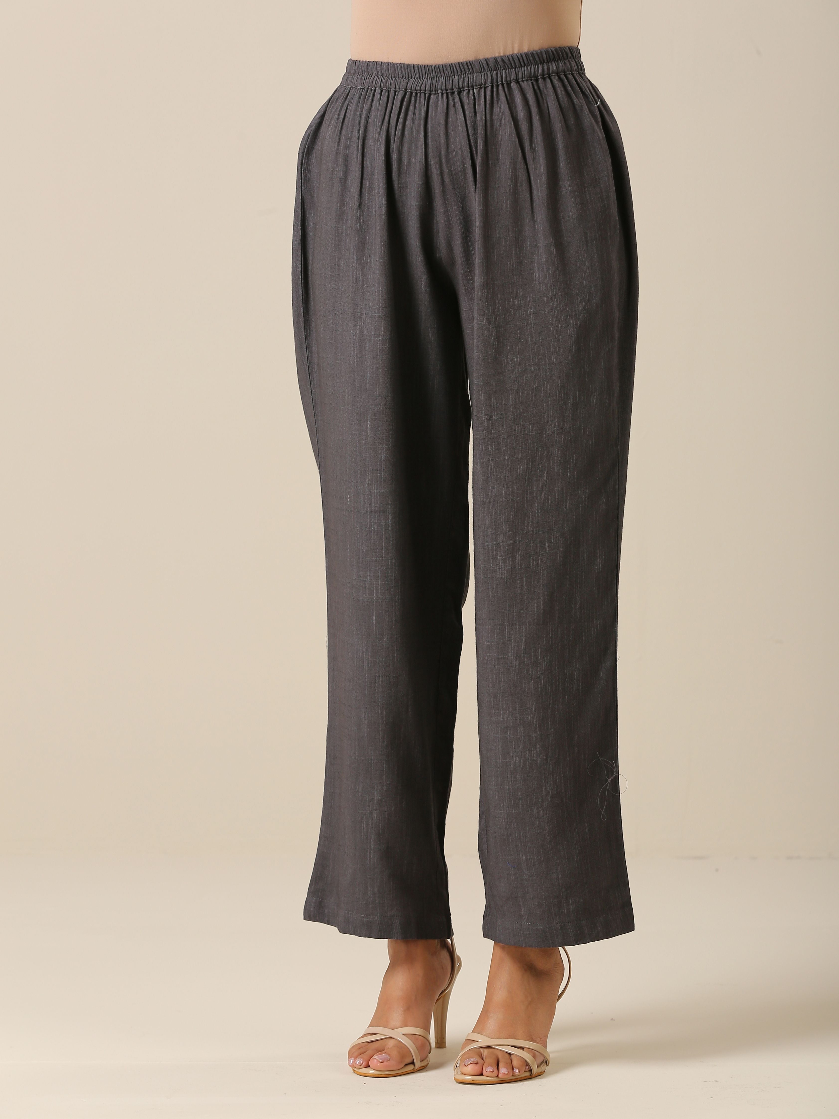 trueBrowns Slate Grey Slub Texture Overlap Pleat Kurta Pant Set | Relove