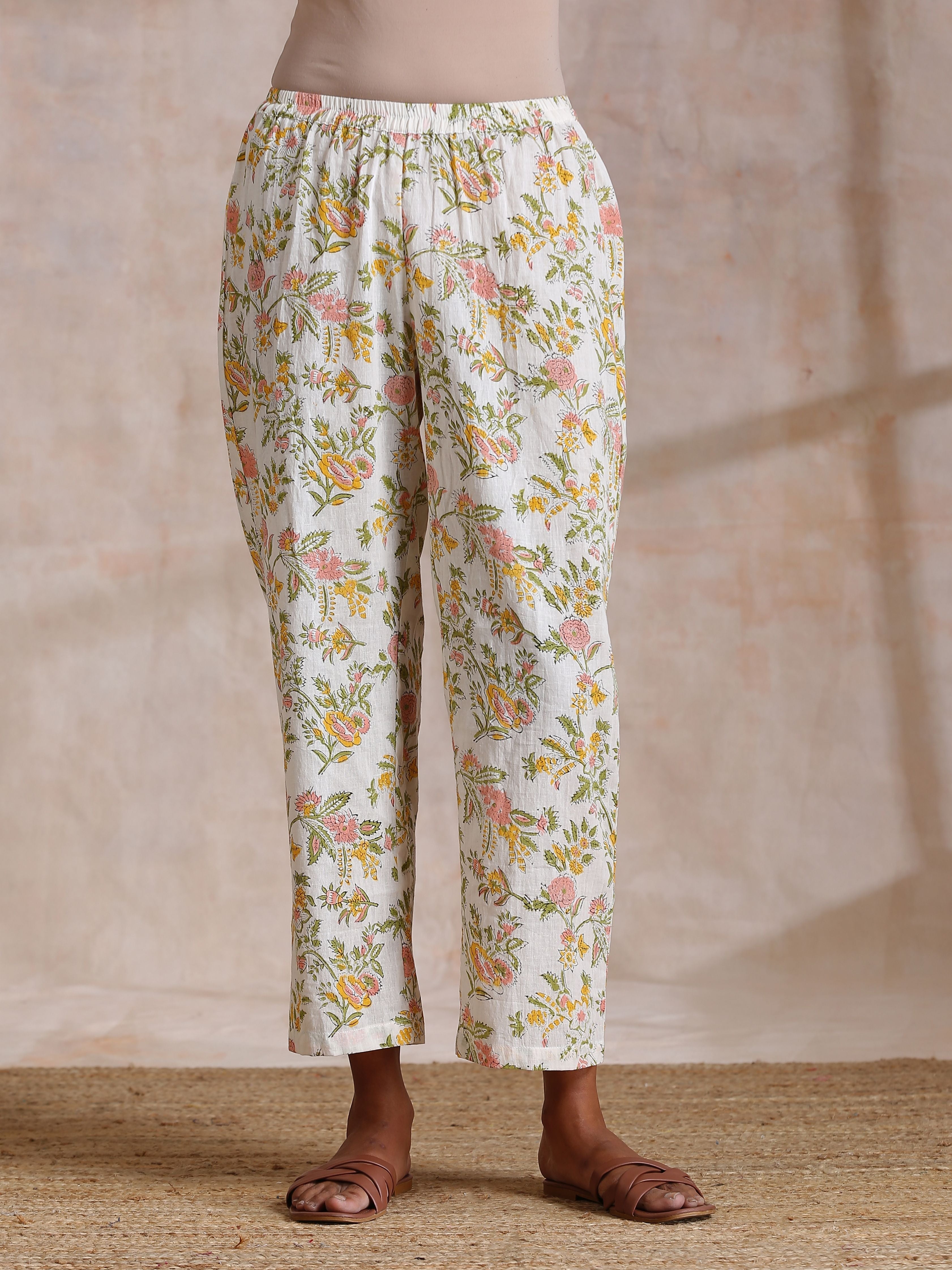 trueBrowns Pink Yellow Floral On White Block Print Cotton Panel Kaftan Kurta Pant Set - Distacart