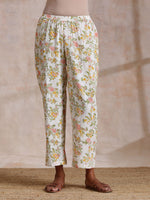 Thumbnail for trueBrowns Pink Yellow Floral On White Block Print Cotton Panel Kaftan Kurta Pant Set - Distacart