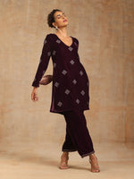 Thumbnail for trueBrowns Wine Velvet Embroidered Co-ord Set - Distacart