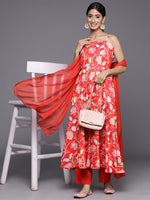 Thumbnail for Varanga Women Red Floral Printed Anarkali Kurta Paired With Tonal Bottom And Dupatta - Distacart