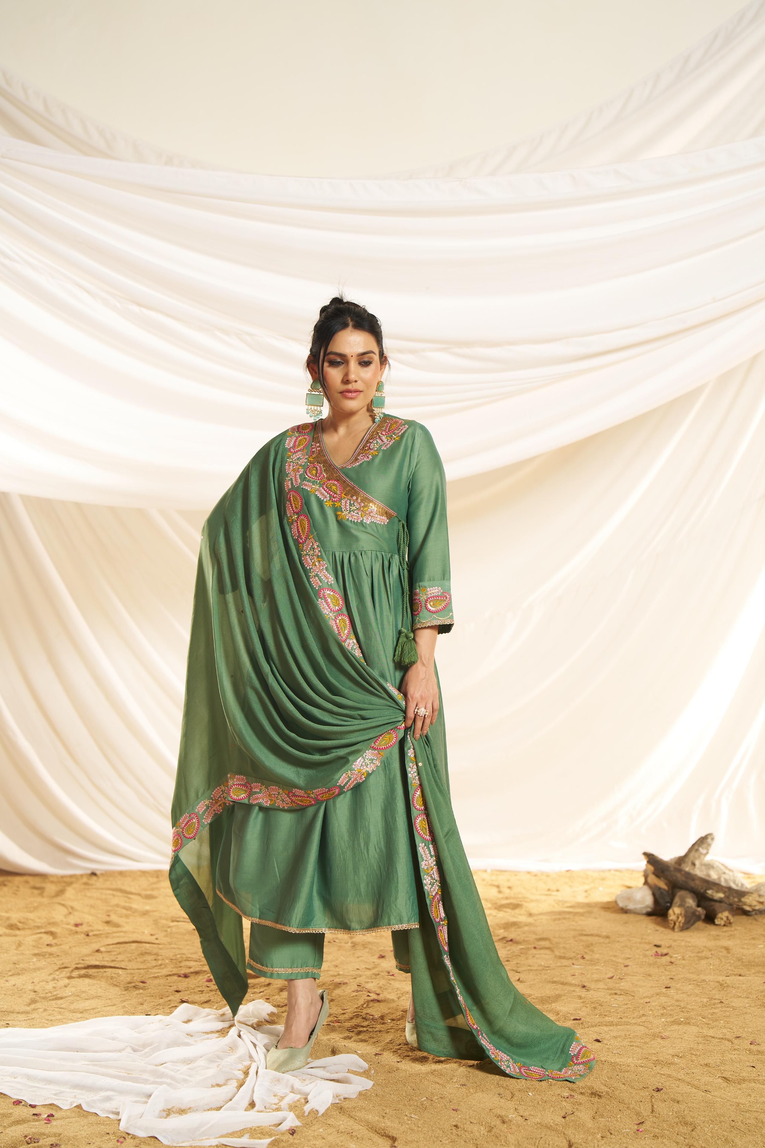 BulBul Women Green Embroidered Premium Silk Angrakha Pattern Flare Suit With Dupatta