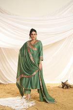 Thumbnail for BulBul Women Green Embroidered Premium Silk Angrakha Pattern Flare Suit With Dupatta