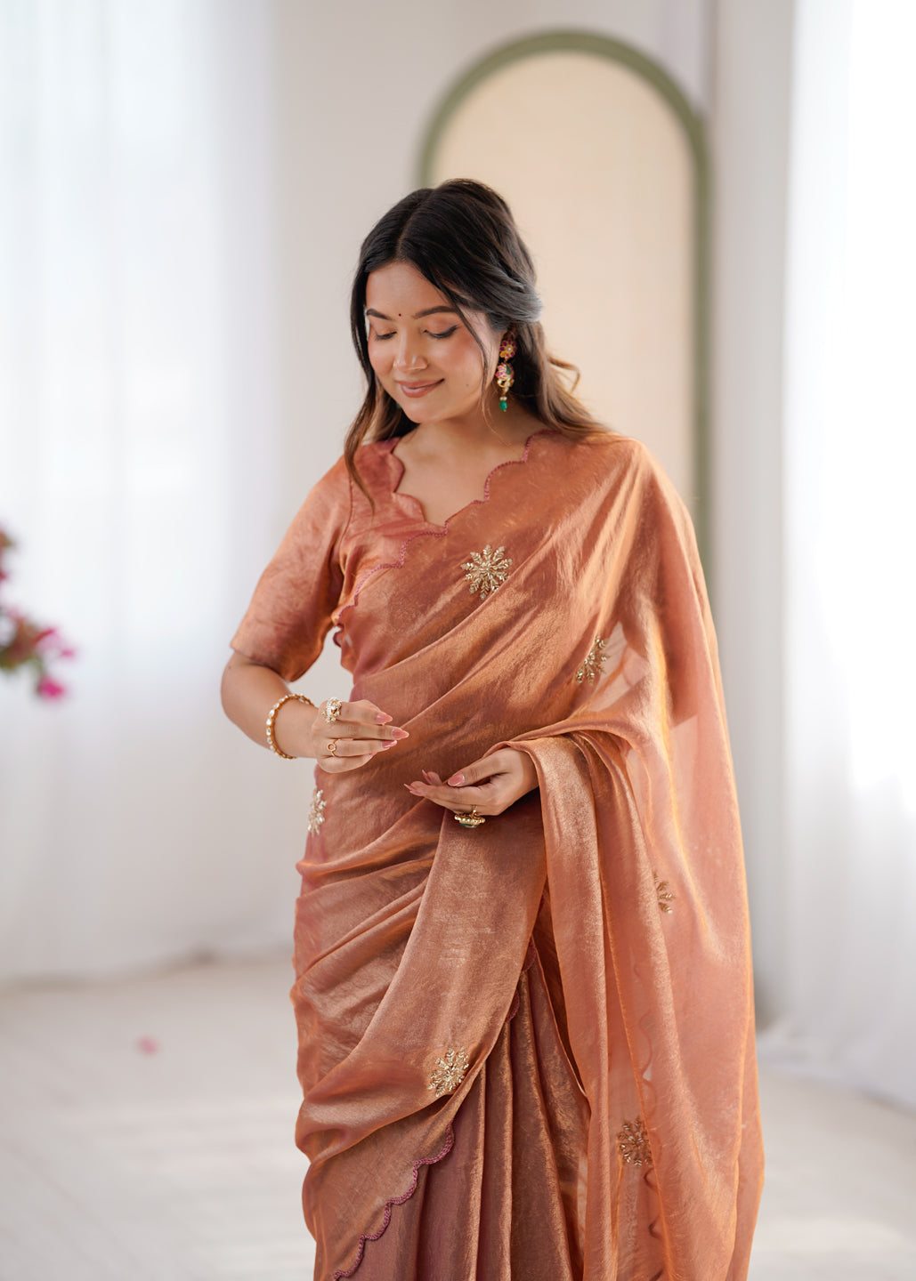 Evanik Designer Heavy Fendy Satin With Beads Embroidered Work Saree With Unstitched Blouse