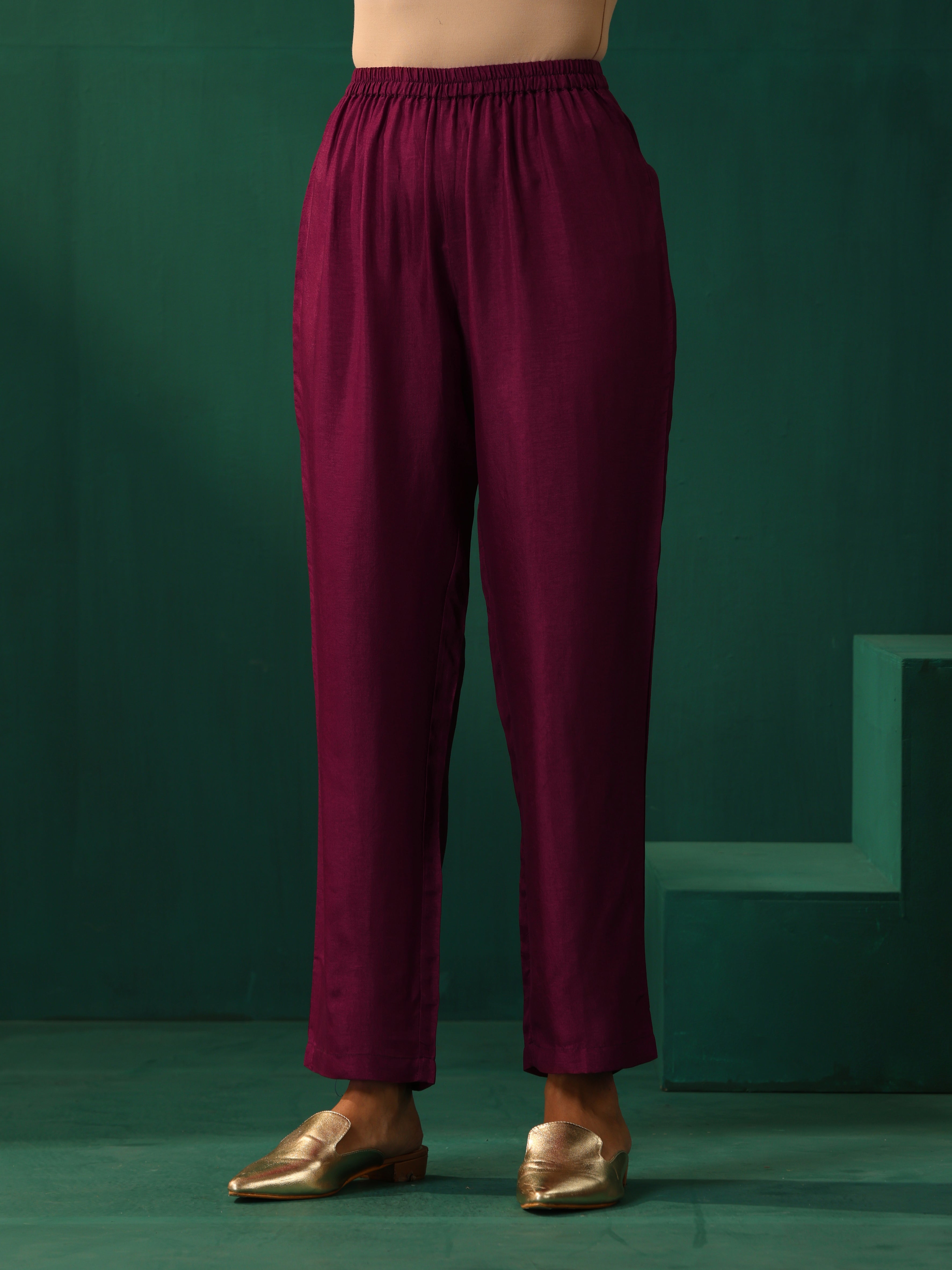 trueBrowns Maroon Floral Viscose Silk V-Neck Waist Gathered Kurta Pant Set - Distacart