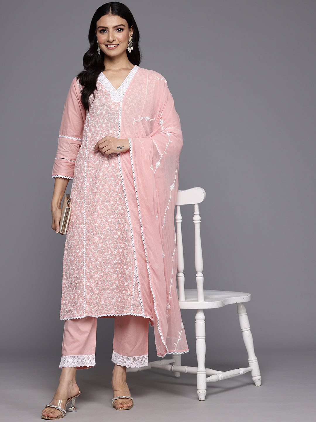 Varanga Women Pink V Neck Thread Embroidered With Tonal Bottom And Chiffon Dupatta - Distacart