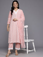 Thumbnail for Varanga Women Pink V Neck Thread Embroidered With Tonal Bottom And Chiffon Dupatta - Distacart