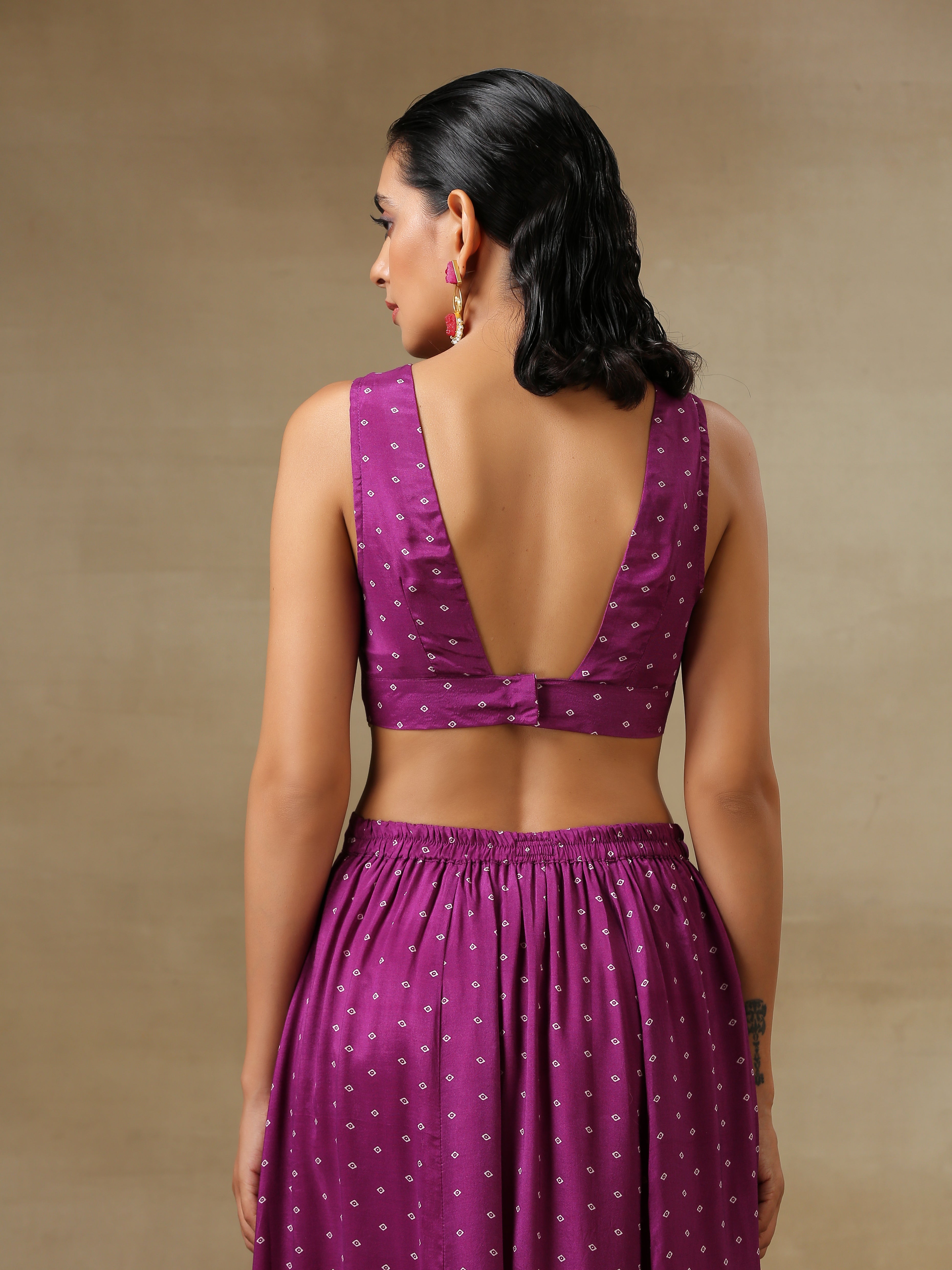 trueBrowns Purple Bandhani Printed Silk Top Skirt Jacket Set - Distacart
