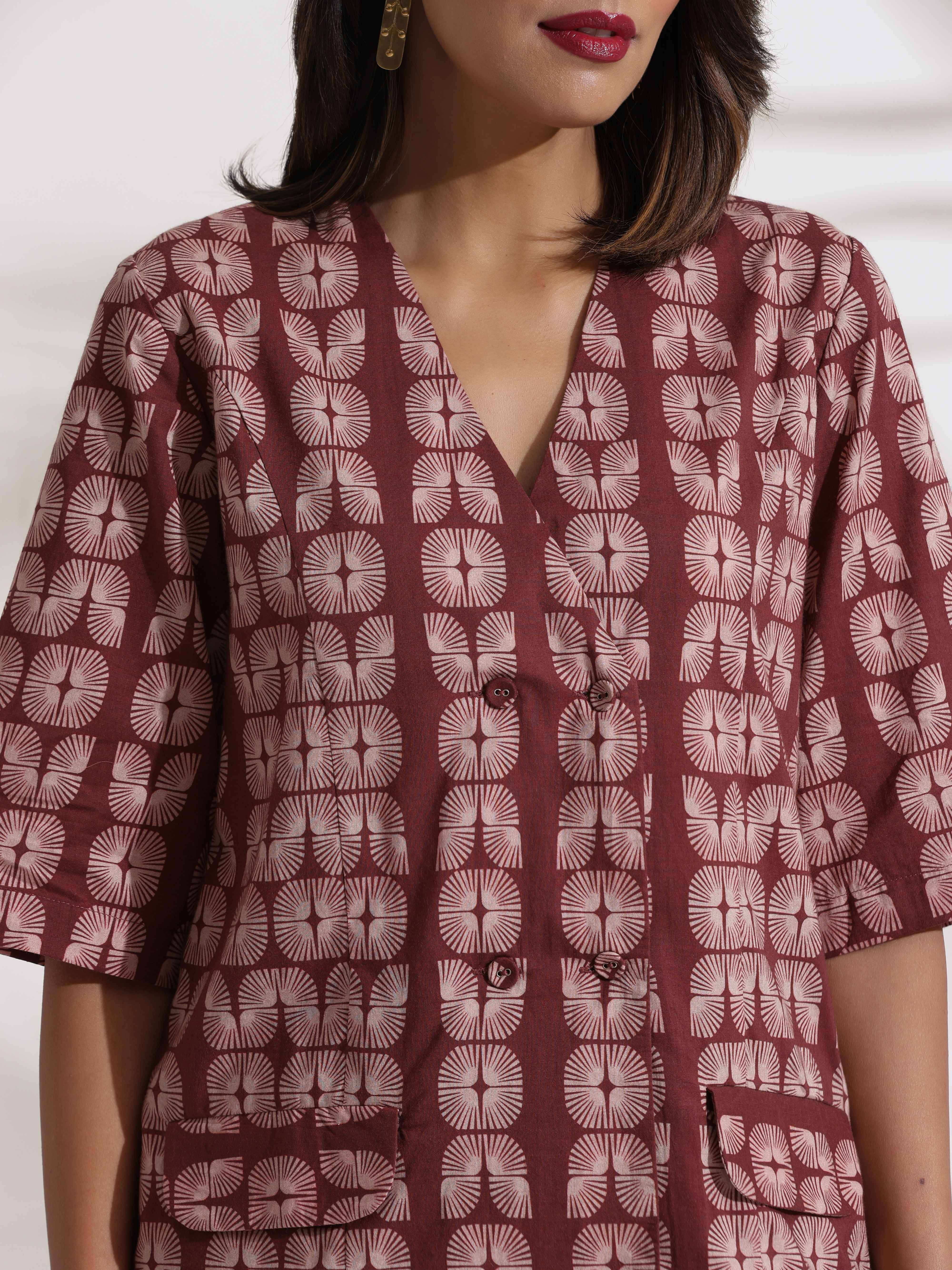 trueBrowns Brown Cotton Print Jacket Top & Short Co-ord Set