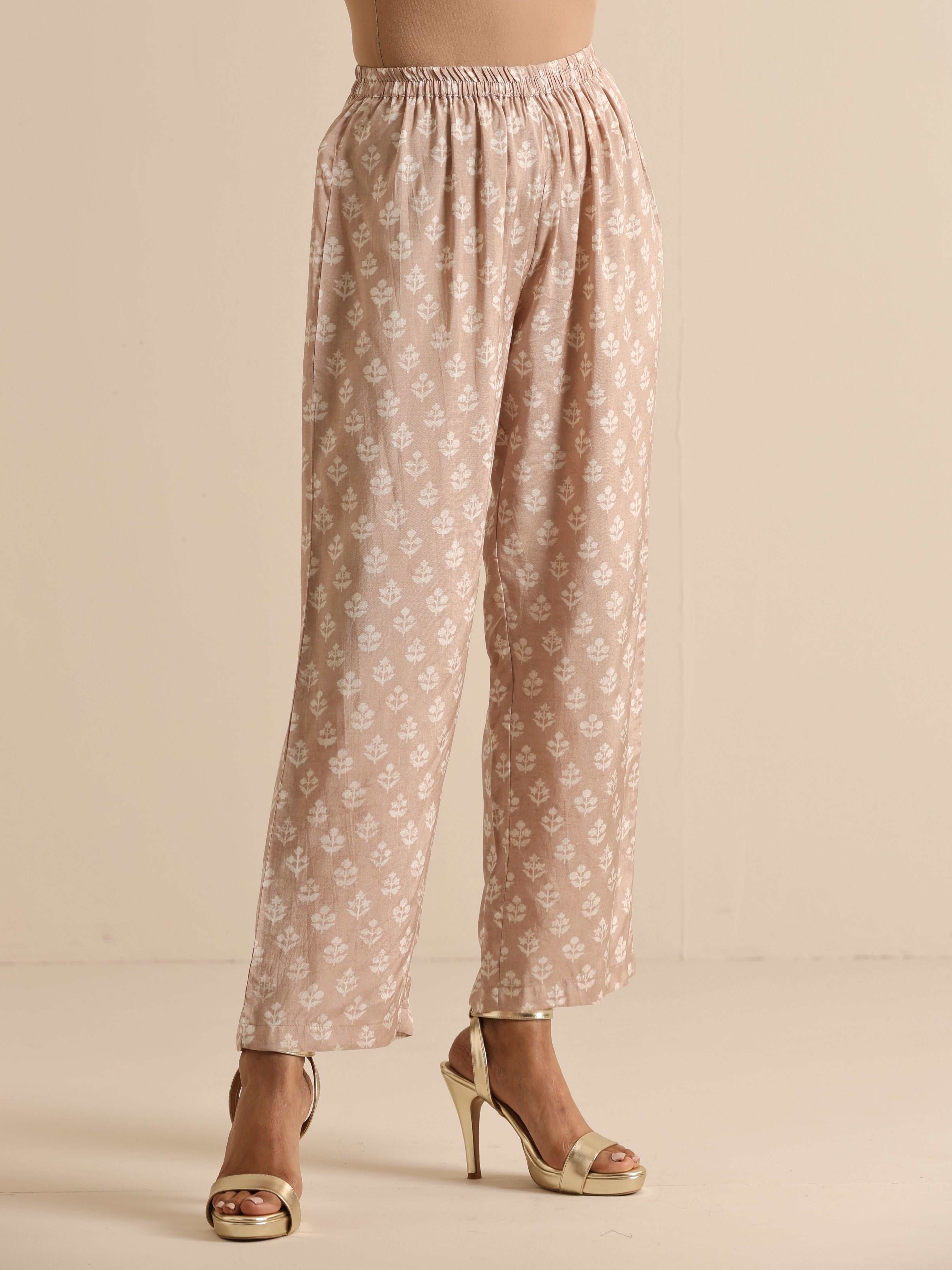 trueBrowns Beige White Floral Silk Print Kaftan Pant Set - Distacart