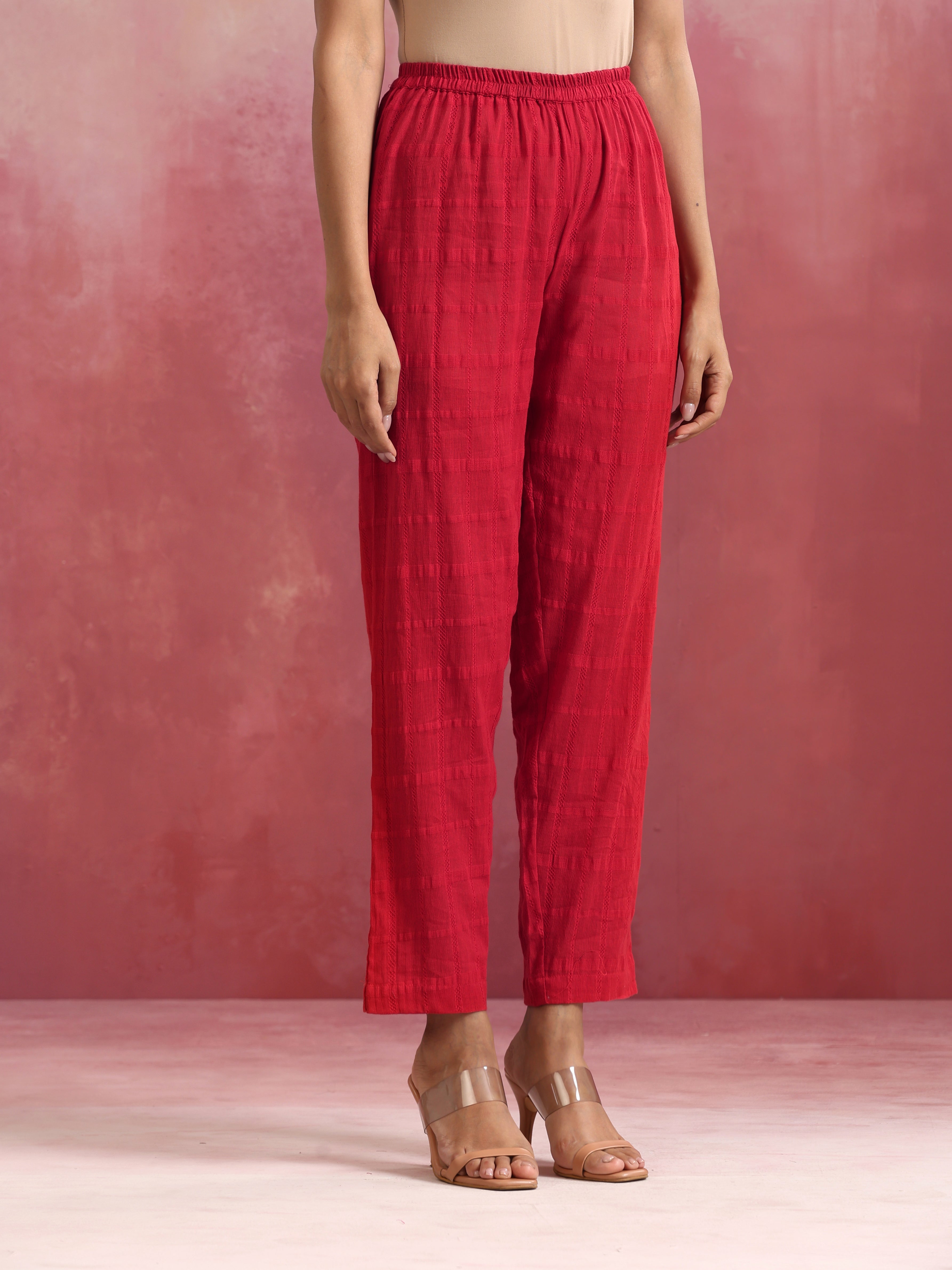 trueBrowns Red Cotton Dobby Flared Kurta Set - Distacart