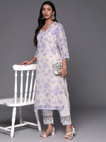 Thumbnail for Varanga Women Lavender Floral Printed V- Neck Three Quarter Sleeve Straight Kurta - Distacart