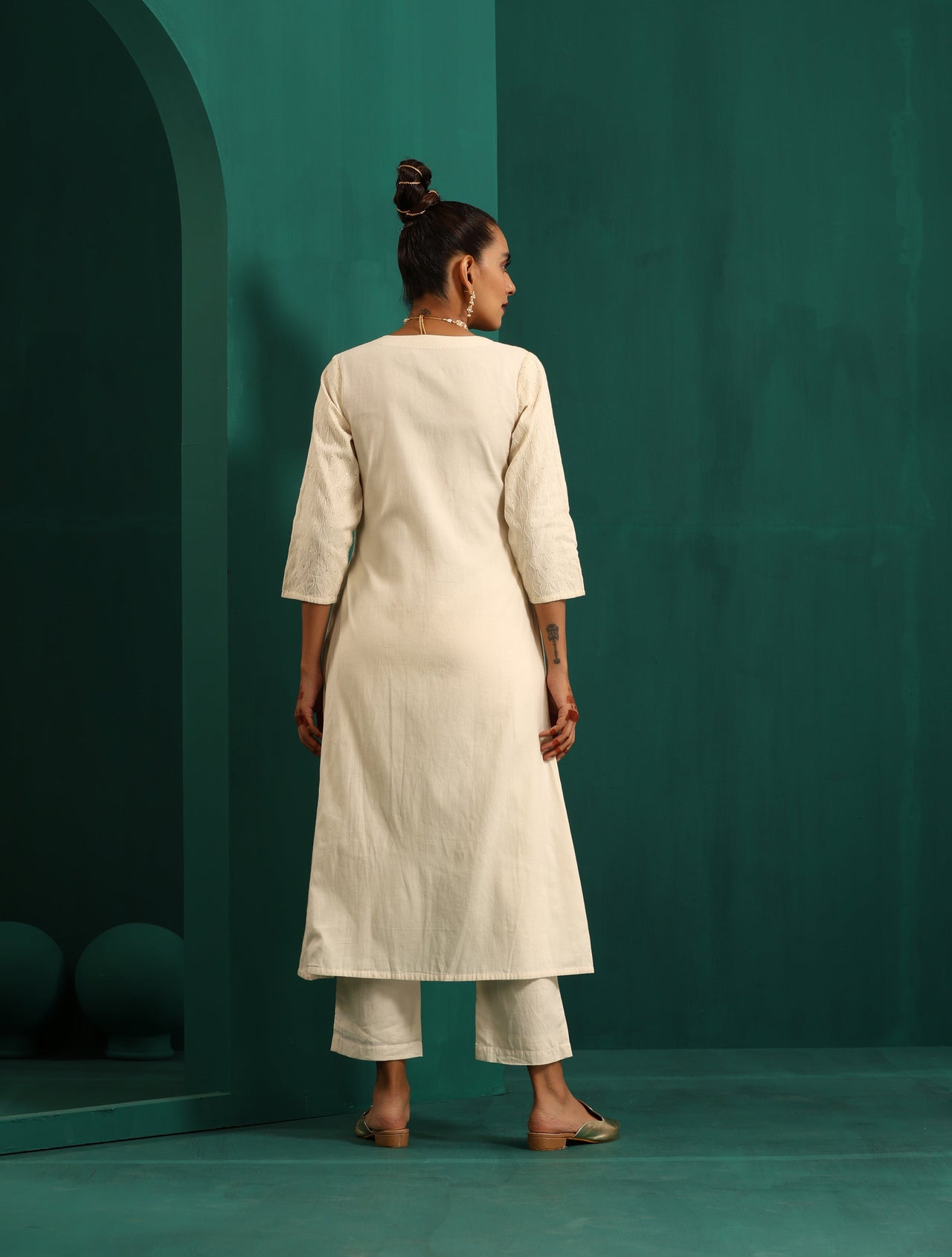 trueBrowns Ivory Tonal Cotton Angrakha Kurta Pant Set - Distacart