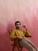 Thumbnail for trueBrowns Men's Mustard Cotton Mandarin Collar Stylized Kurta - Distacart