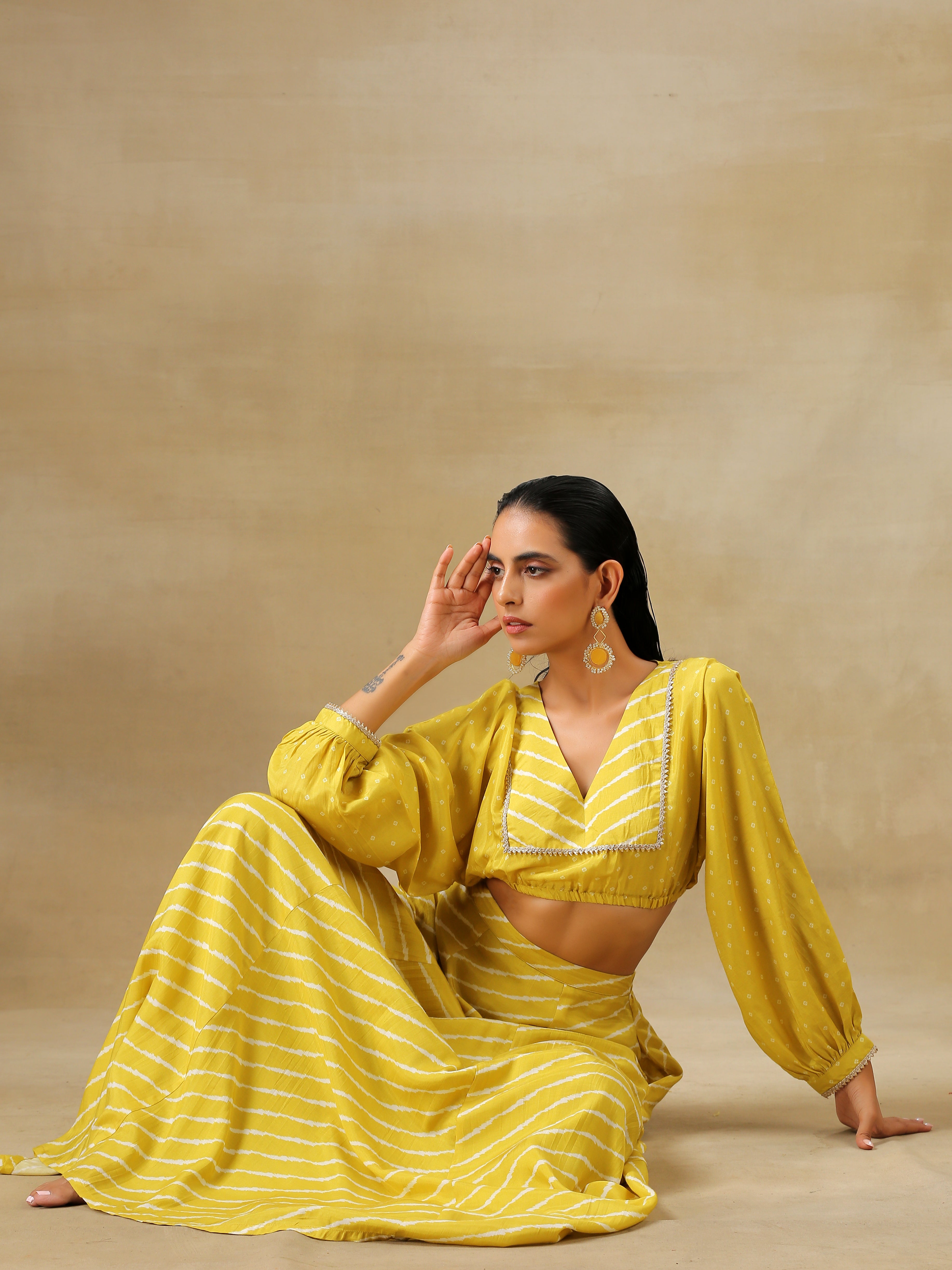 trueBrowns Lime Green Bandhani Printed Silk Top Skirt Set - Distacart