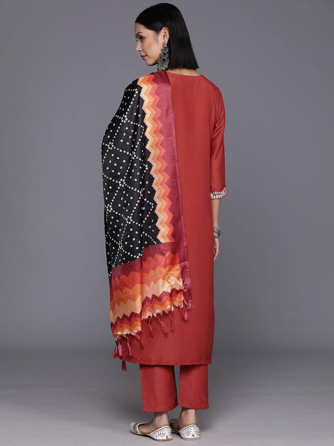 Varanga Women Rust Zari Kurta With Solid Trouser And Dupatta Set - Distacart