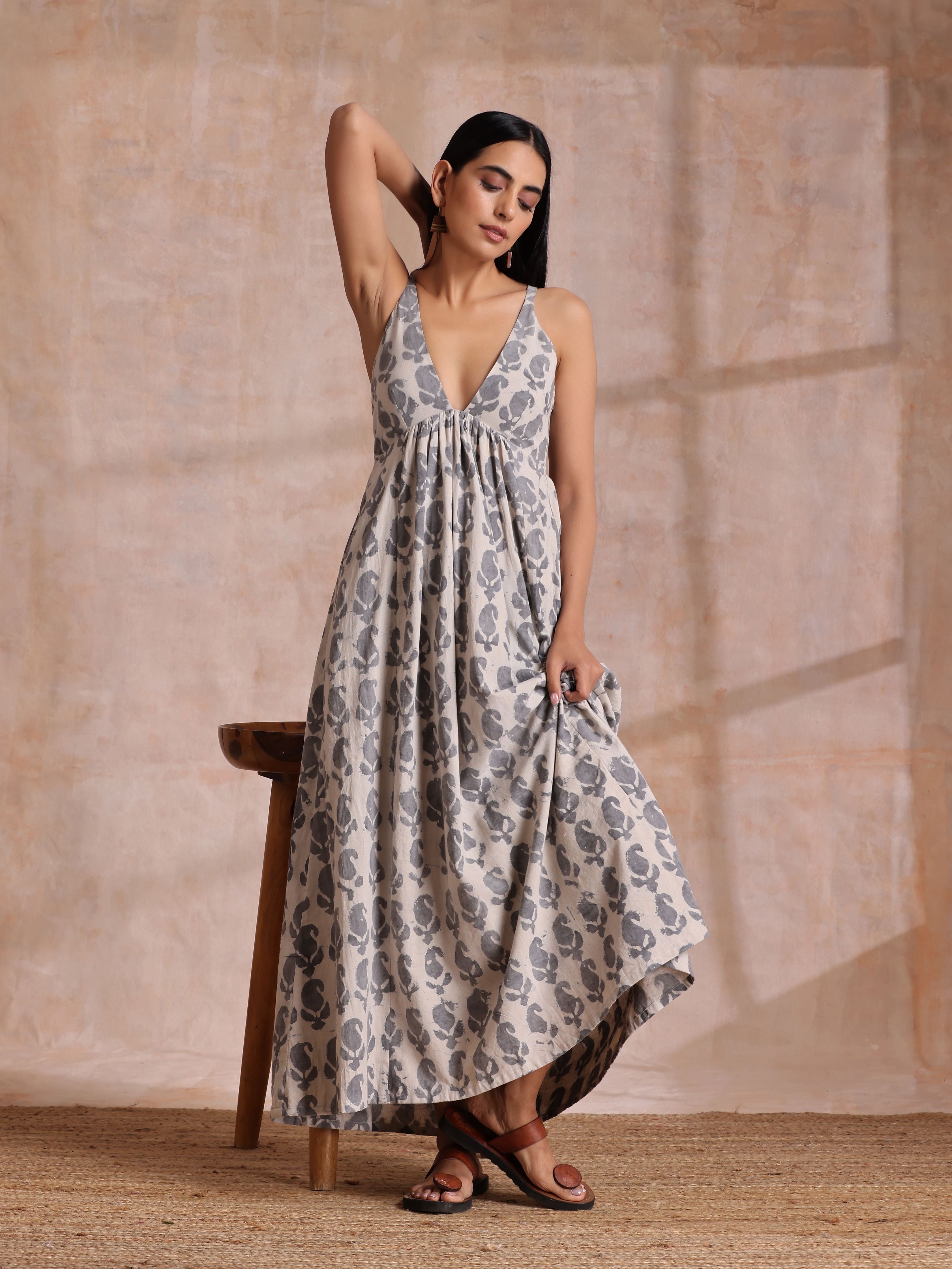 trueBrowns Grey Dabu Buta Print Cotton Sleeveless Dress - Distacart