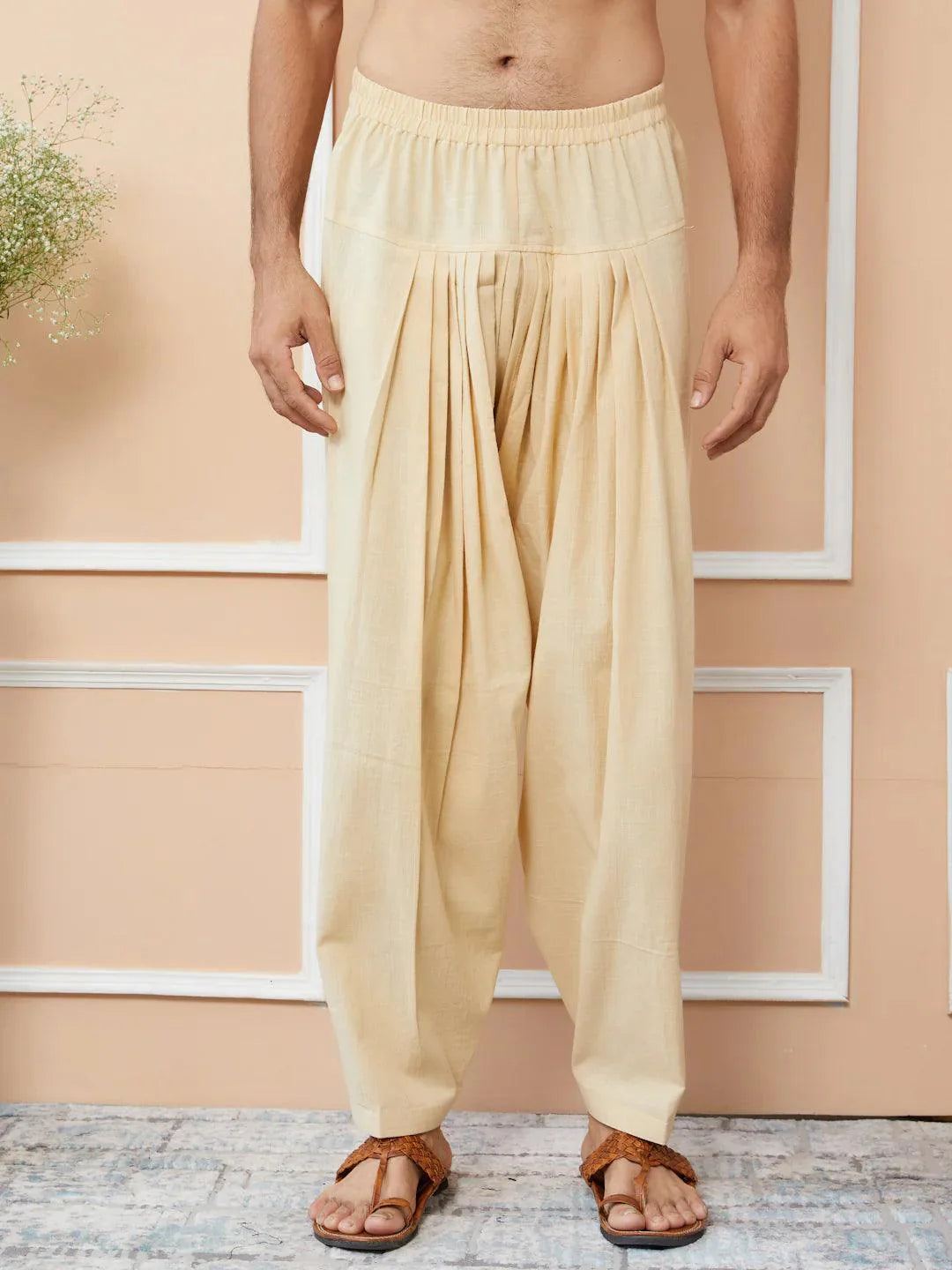 Fabmade Beige Cotton Linen Pathani Kurta With Salwar