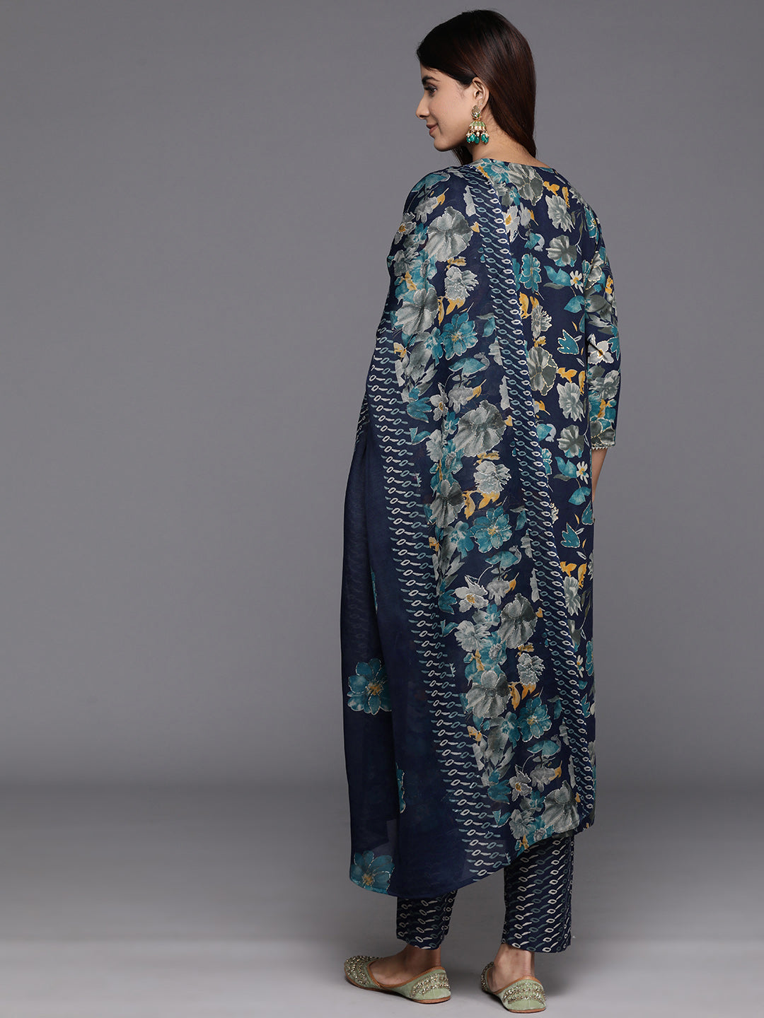 Varanga Women Blue Floral Print And Embroidered Kurta With Bottom And Dupatta - Distacart