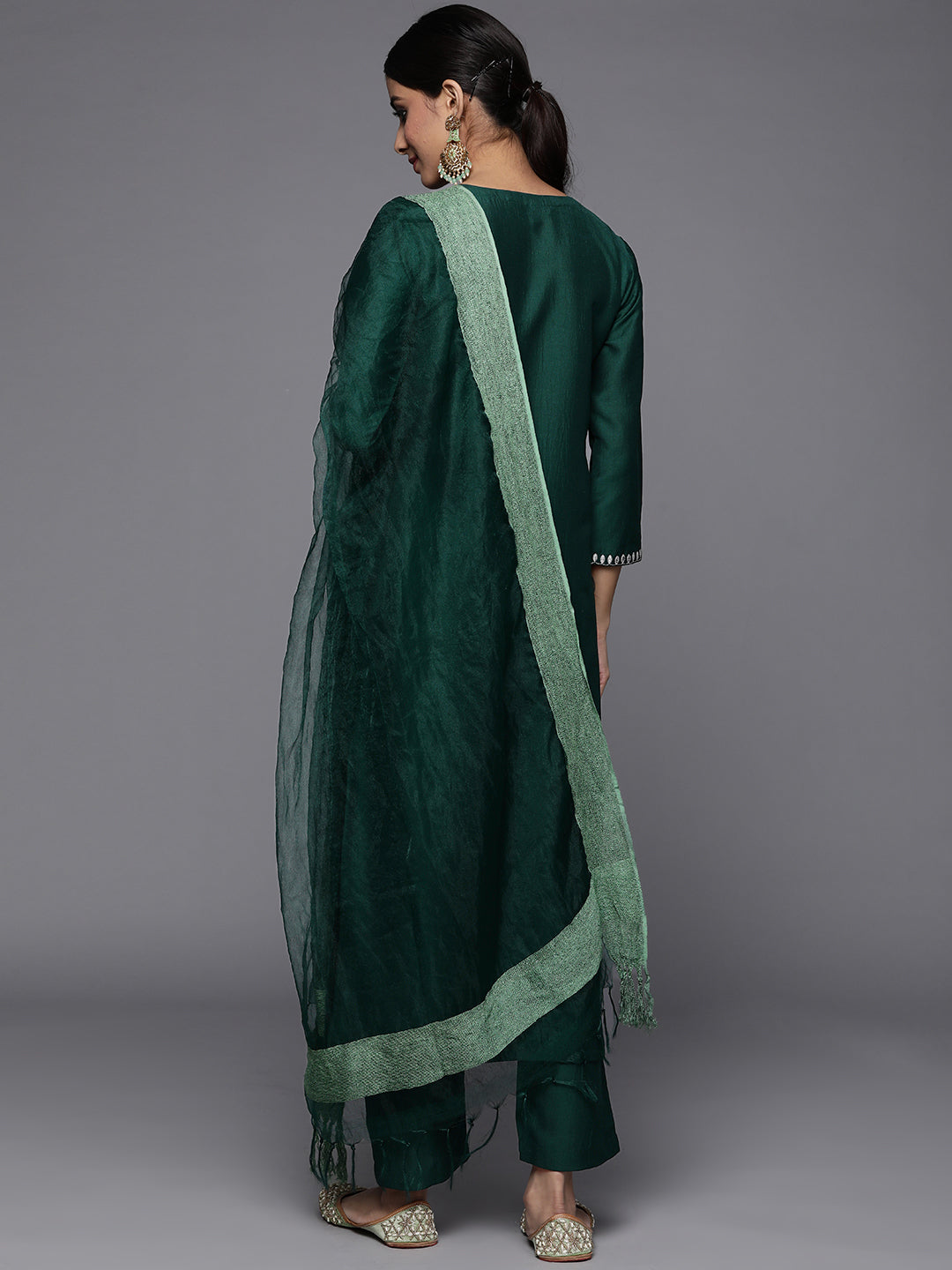 Varanga Green Embroidered Kurta Paired With Tonal Trouser And Dupatta - Distacart