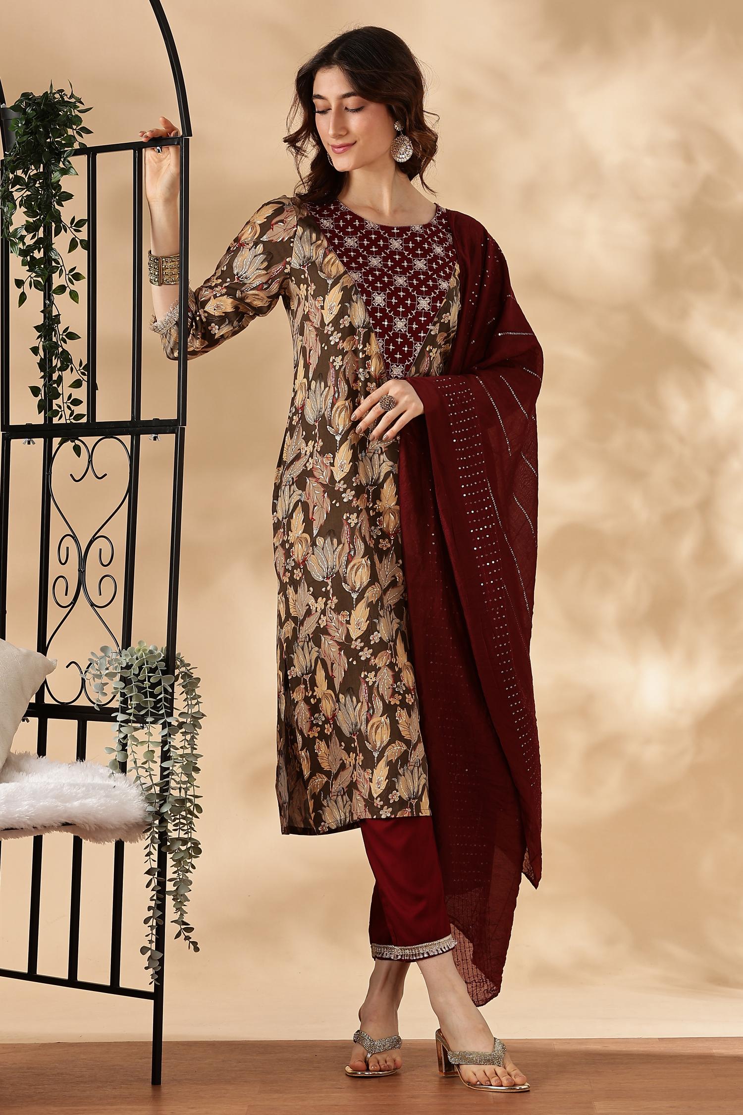 BulBul Areba Printed Wine & Teal Rayon Salwar Suit
