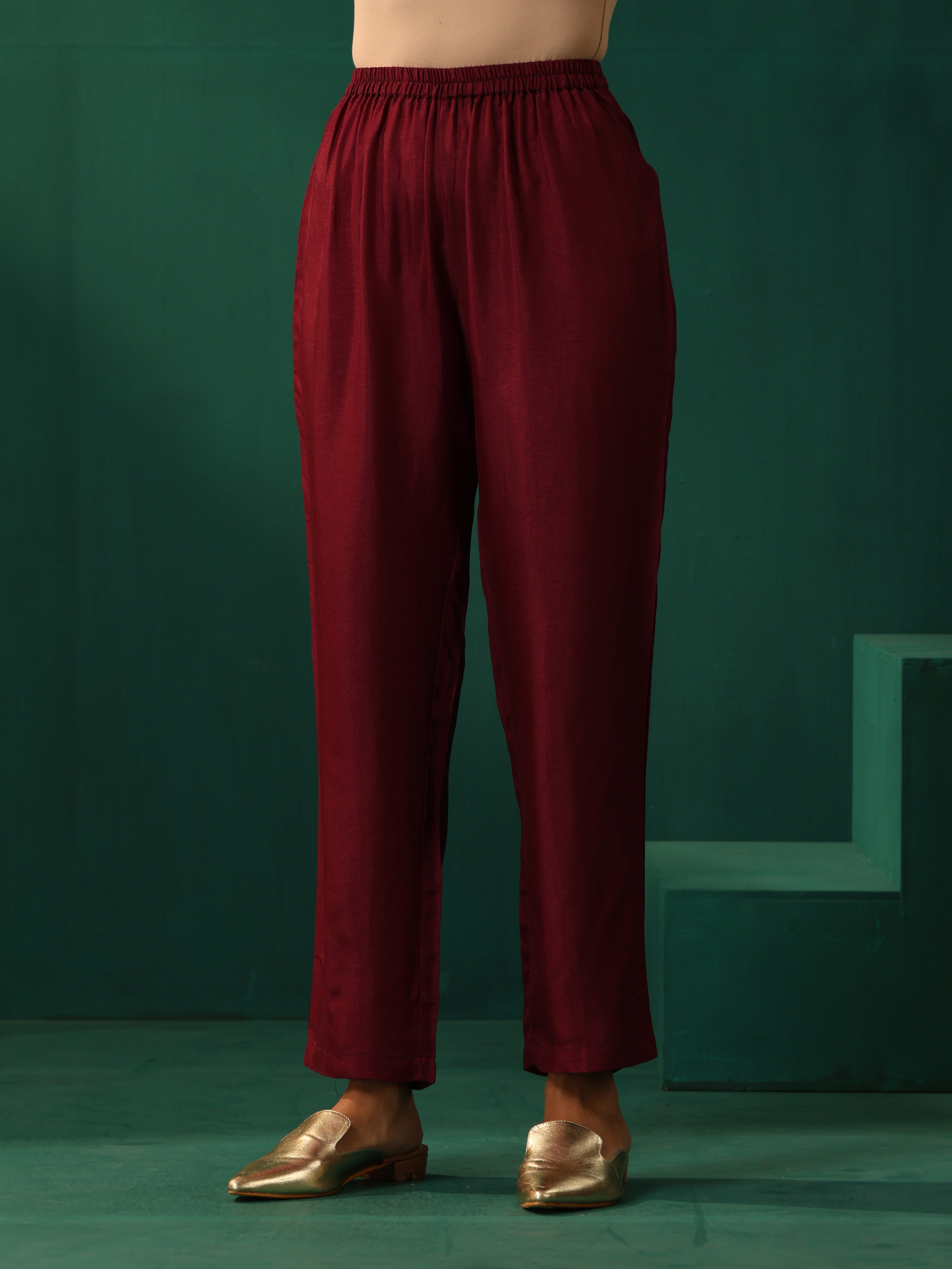 trueBrowns Maroon Diamond Viscose Silk Puff Sleeve Kurta Pant Set - Distacart