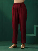Thumbnail for trueBrowns Maroon Diamond Viscose Silk Puff Sleeve Kurta Pant Set - Distacart