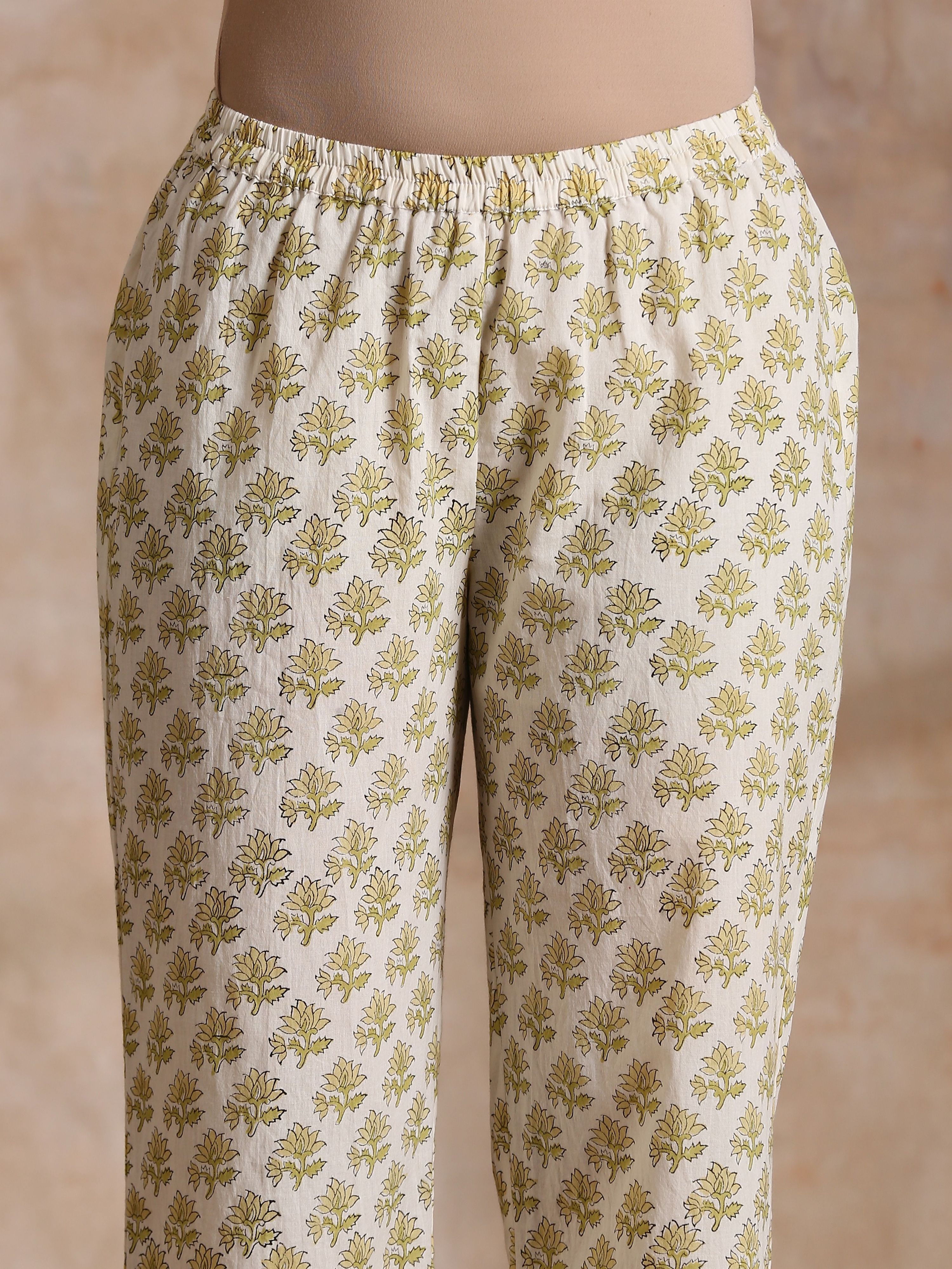 trueBrowns Green Buta On Off-White Block Print Cotton Co-Ord Set - Distacart