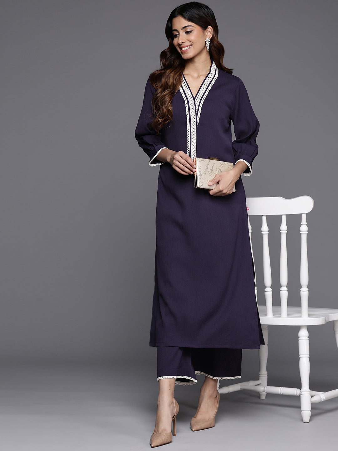 Varanga Women Navy Blue Cotton Lace Detailed Kurta Set - Distacart