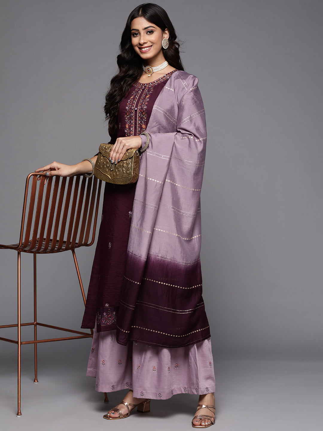 Varanga Embroidered Kurta Paired With Contrast Color Sharara And Dupatta