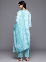 Thumbnail for Varanga Women Blue Printed Round Neck Yoke Embroidered Straight Kurta With Bottom And Dupatta - Distacart