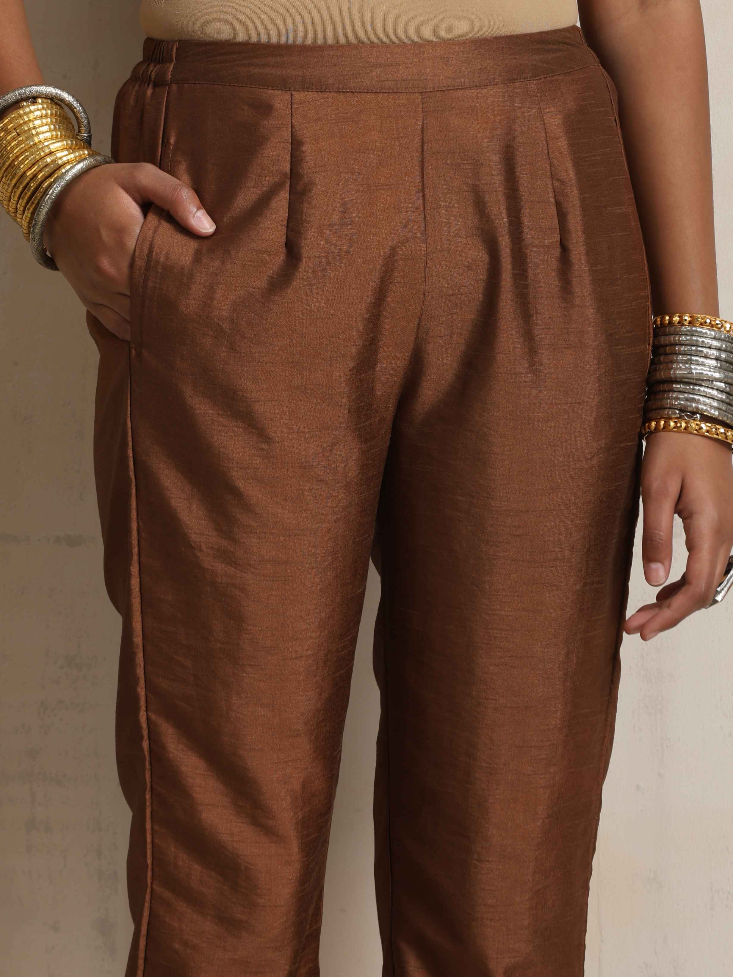 trueBrowns Brown Silk Slit Kurta Set - Distacart
