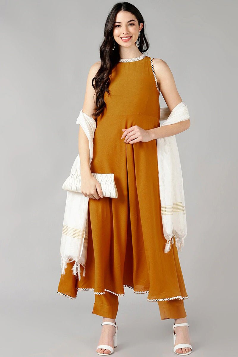 Ahika Mustard Poly Silk Solid Anarkali Suit Set