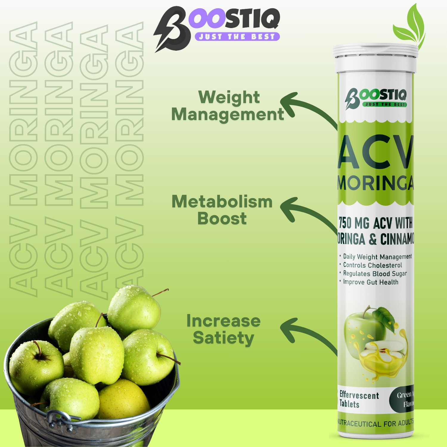 BOOSTIQ Apple Cider Vinegar With Moringa Effervescent Tablets - Green Apple Flavour - Distacart