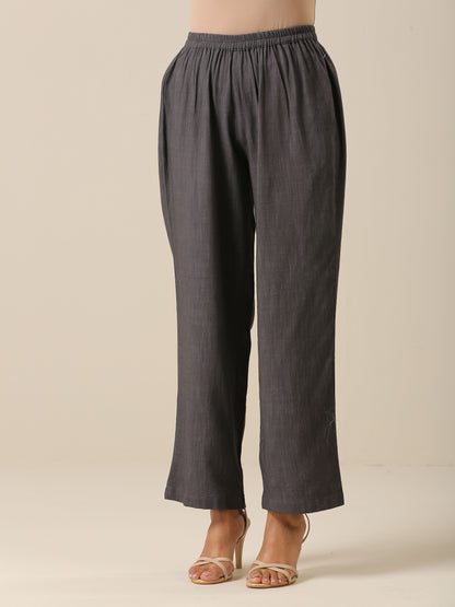 trueBrowns Slate Grey Slub Texture Overlap Pleat Kurta Pant Set - Distacart