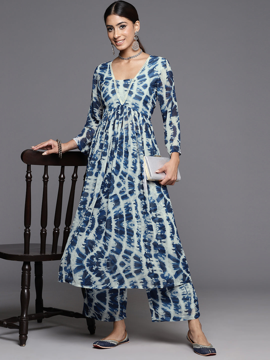 Varanga Women Blue Shibori Printed V-Neck A-Line Kurta Paired With Tonal Printed Bottom - Distacart