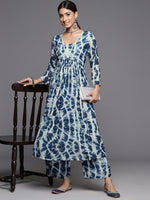 Thumbnail for Varanga Women Blue Shibori Printed V-Neck A-Line Kurta Paired With Tonal Printed Bottom - Distacart