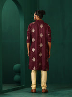 Thumbnail for trueBrowns Men's Wine Geometric Viscose Silk Long Kurta - Distacart